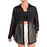 OYOANGLE Women's Plus Size Mesh Sheer Long Sleeve Button Down Shirts See Through Loose Summer Top