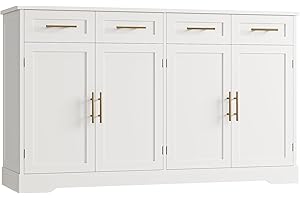 HOSTACK 60" Large Buffet Sideboard with Storage, 36" Tall Kitchen Buffet Storage Cabinet with 4 Drawers, Modern Coffee Bar Cabinet with Gold Handles, Long Sideboard Buffet Table for Kichen, White