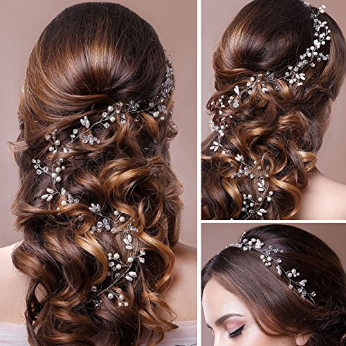 Beauty7 Silver Wedding Bridal Vine Wreath Headband Halo Wired Decorative Accessories Crystal Rhinestone Simulated Pearl Bride Bridesmaid Flowergirl Women Girl Long Hair with 2 Bobby Pins Set 39.4" - Thumbnail 3