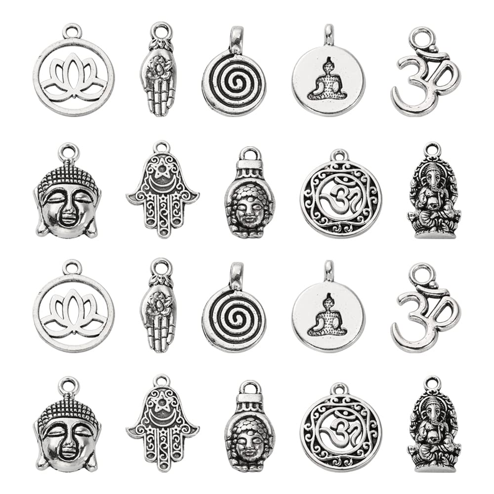 Ipotkitt 100Pcs 10 Style Religion Tibetan Style Mixed Shapes Alloy Charm Pendants Hinduism Ornaments for Jewellery Making Accessories - 11.8~26.5x8~17mm