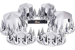 CHDT66 Complete Chrome Wheel Cover Set, 33mm Lug Nut Covers for Semi Trucks, Pointed & Screw On, 2 Front and 4 Rear Axle Wheel Covers w/Removable Hub Caps (Installation Tool Included) (Point Top, Screw On)