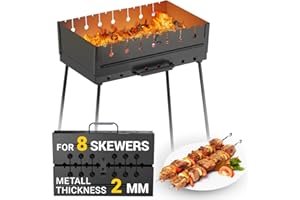 MHH Charcoal Grill for 8 Skewers - Portable Barbecue 16.9"×11.8"×16.9" Kabob Camp Grills - Foldable Metal Mangal - Kebab Shish BBQ for EDC Picnic Outdoor Cooking Camping Hiking NB8