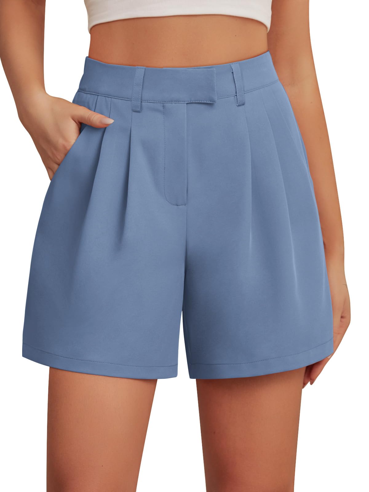 Photo 1 of ***STOCK PHOTO REFERENCE ONLY SEE PICS FOR EXACT ITEM***Feiersi Womens Casual Elastic Waist Wide Leg Suit Tailored Shorts Summer Dressy Work Shorts with Pockets(Blue,Large)