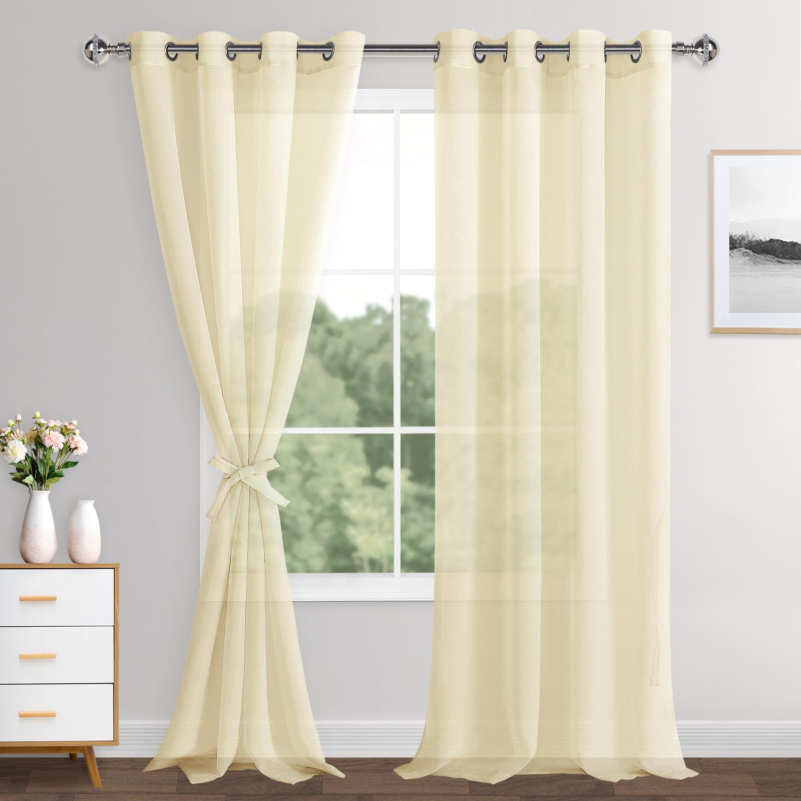 XWZO Beige Sheer Curtains Semi Transparent Eyelet Top Linen Look Voile Panels/Drapes/Treatment for Bedroom Living Room,W55*L102，Set of 2