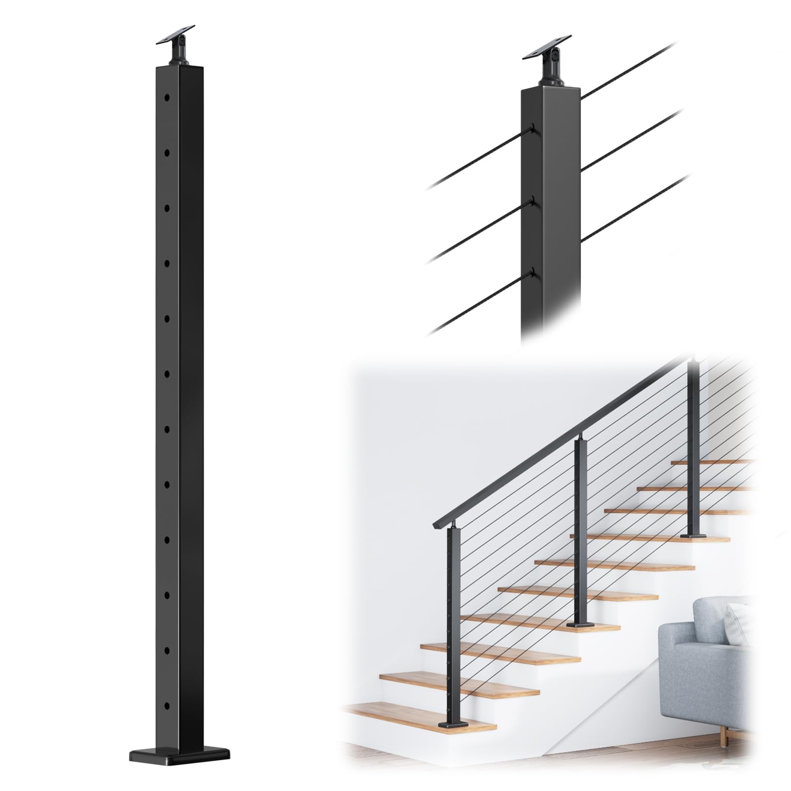 Photo 1 of Muzata Black Stair Cable Railing Post 42 Inch for 25-35 Degrees Stair 42"x2"x2" Surface Mount T304 Stainless Steel Cable Railing System Kit Indoor Outdoor with Paper User Guide PS01 BA4L