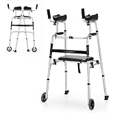 Goplus Folding Walker for Seniors, Lightweight Standard Walker with 5&rsquo;&rsquo; Wheels, Seat and Arm Rest Pad, Height Adjustable Platform Walker, Standing &amp; Walking Mobility Aid for Elderly Handicap Disabled