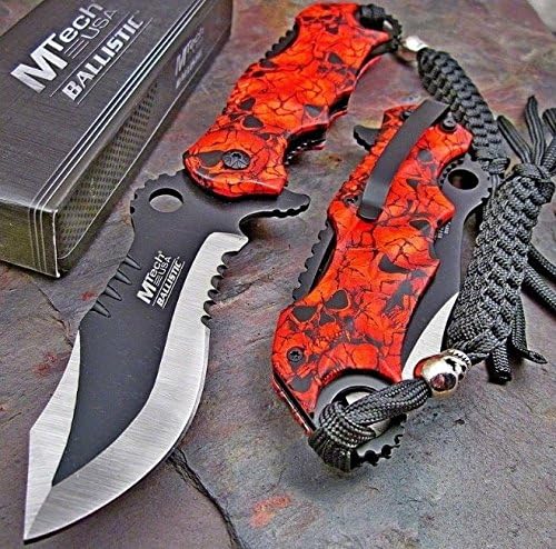 The Best MTECH Ballistic BOWIE Black Red SKULL CAMO Spring Assisted Opening Pocket Knife Best for Camping ,Hiking