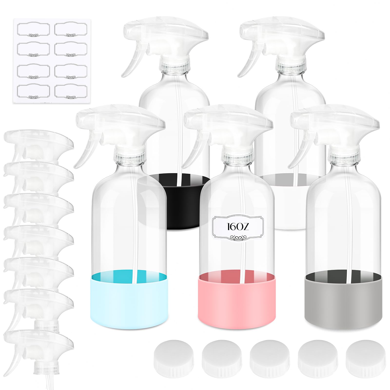 Photo 1 of 5 PACK/16 OZ Glass Spray Bottles with Upgraded Adjustable Spray Nozzle, Refillable Containers with Silicone Sleeve, Spray Bottle for Hair & Cleaning Solutions & Essential Oils-Pink Blue Gray Black White