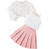 SweatyRocks Girl's 3 Piece Outfits Long Sleeve Mesh T Shirt and Cami Tops with Pleated Skirt Set