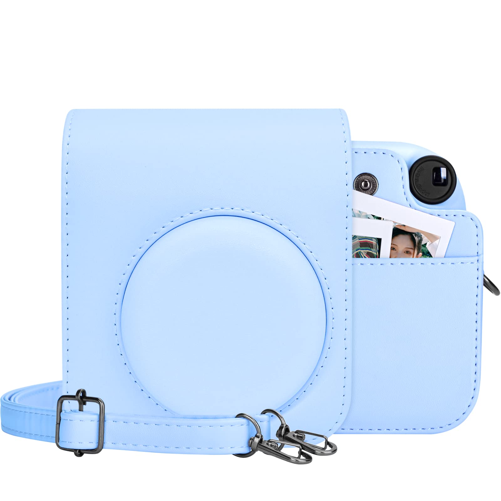 MUZIRI KINOKOO Protective Case for Instax Mini 12 Instant Camera - PU Leather Mini 12 Camera Carrying Bag with Photo Pocket - Adjustable Shoulder Strap - Blue