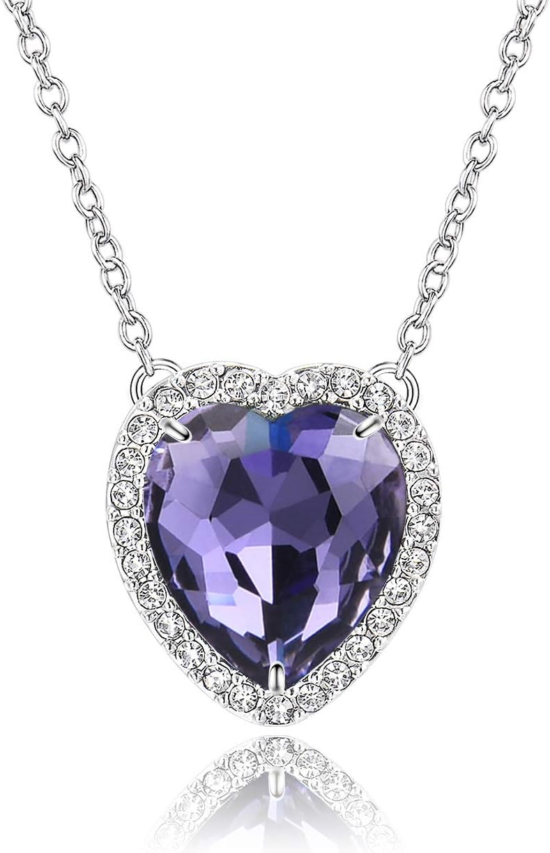 Beyond Love12 Months Birthstone Necklace Heart Crystal Halo Pendant 14K White Gold Plated Dainty Chain Choker Princess Necklaces for Women Girls Jewelry Gift Silver 18โ
