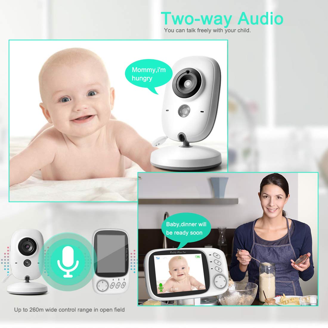 Baby Monitor with Camera 3.2\'\' LCD Baby Security Camera with 2PCS High Capacity Batteries,Magnet Holder,Two-Way Audio,960ft Range,Night Vision,Room Temperature,Lullabies for Baby,Nanny,Elderly,Pet