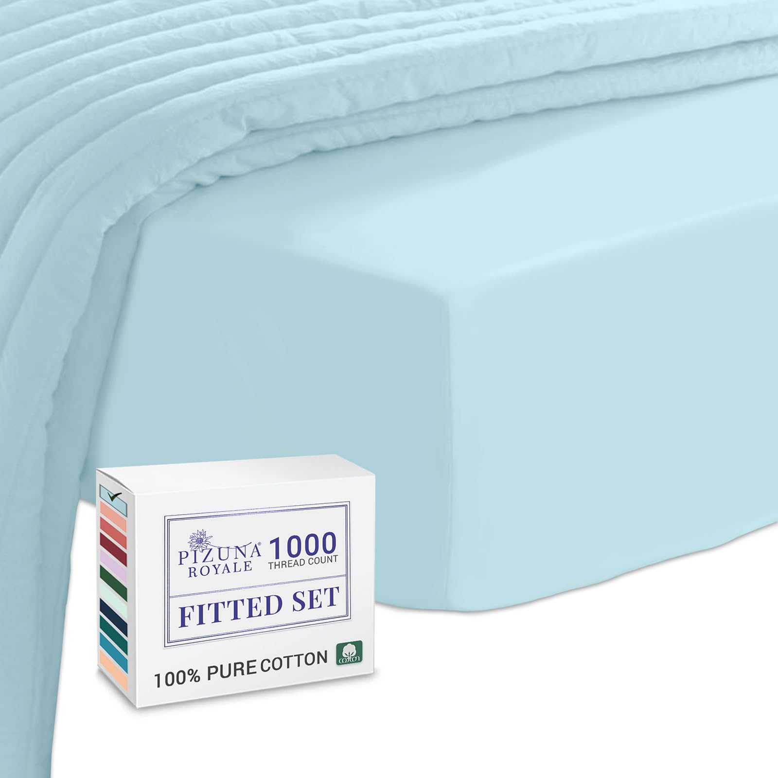 Pizuna Luxurious Cotton King Size Fitted Sheet Baby Blue, 1000 Thread Count 100% Long Staple Cotton Fitted Sheets King Size 160x200 cm, Sateen Weave Thick Fitted Sheet Extra Deep 40 cm Fit - 1 PC