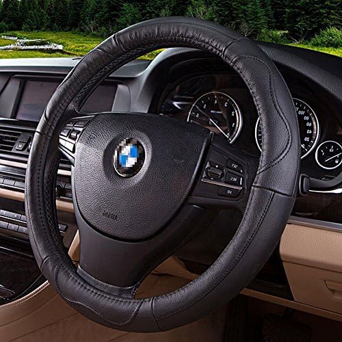 Ovelur Genuine Leather Car Steering Wheel Cover, Soft Padding, Durable, Breathable, Universal 38cm 15" Vehicle Wheel Cushion Protector For Auto SUVs Jeeps Trucks，Black line