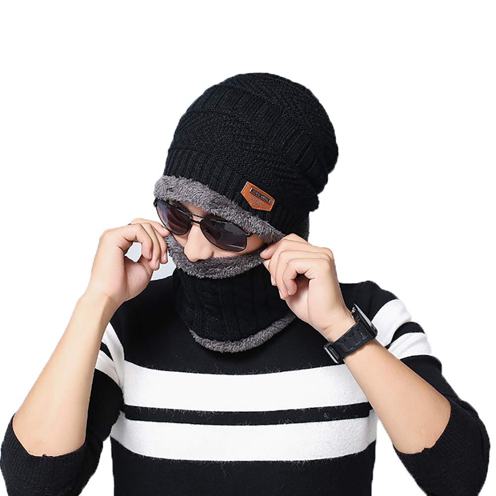 Blevla 2-Pieces Winter Beanie Hat Scarf Set Warm Knit Hat Thick Knit Skull Cap For Men Women Black