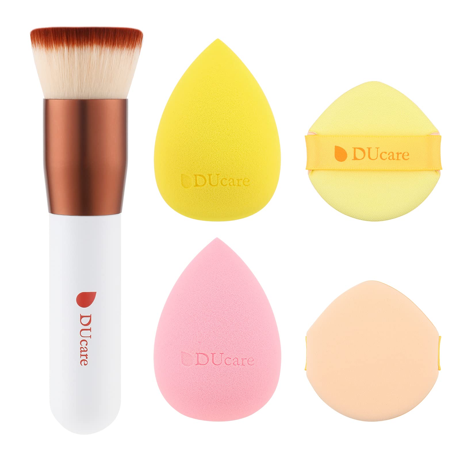 DUcare 5Pcs Makeup Sponge and Foundation Brush Set, Non-Latex Beauty Blenders, Flat Top Kabuki Brush, Perfect for Liquid Cream Powder Flawless Finish