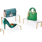 Purse Display Stand, 6mm Thick Clear Acrylic Risers Display Stands, Gold Shoe Display Riser, 3 Pack Luxury Handbag Bag Wallet Shoes Jewelry Perfume Display Showcase for Closet Retail Vendor Store