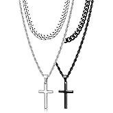 Romass 4Pcs Cross Necklace for Men,Stainless Steel Chains for Men Layered Necklaces Silver Gold Black Pendant Jewelry Box Gifts 18-24 Inches