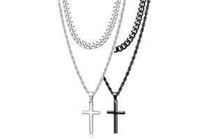 Romass 4Pcs Cross Necklace for Men,Stainless Steel Chains for Men Layered Necklaces Silver Gold Black Pendant Jewelry Box Gifts 18-24 Inches