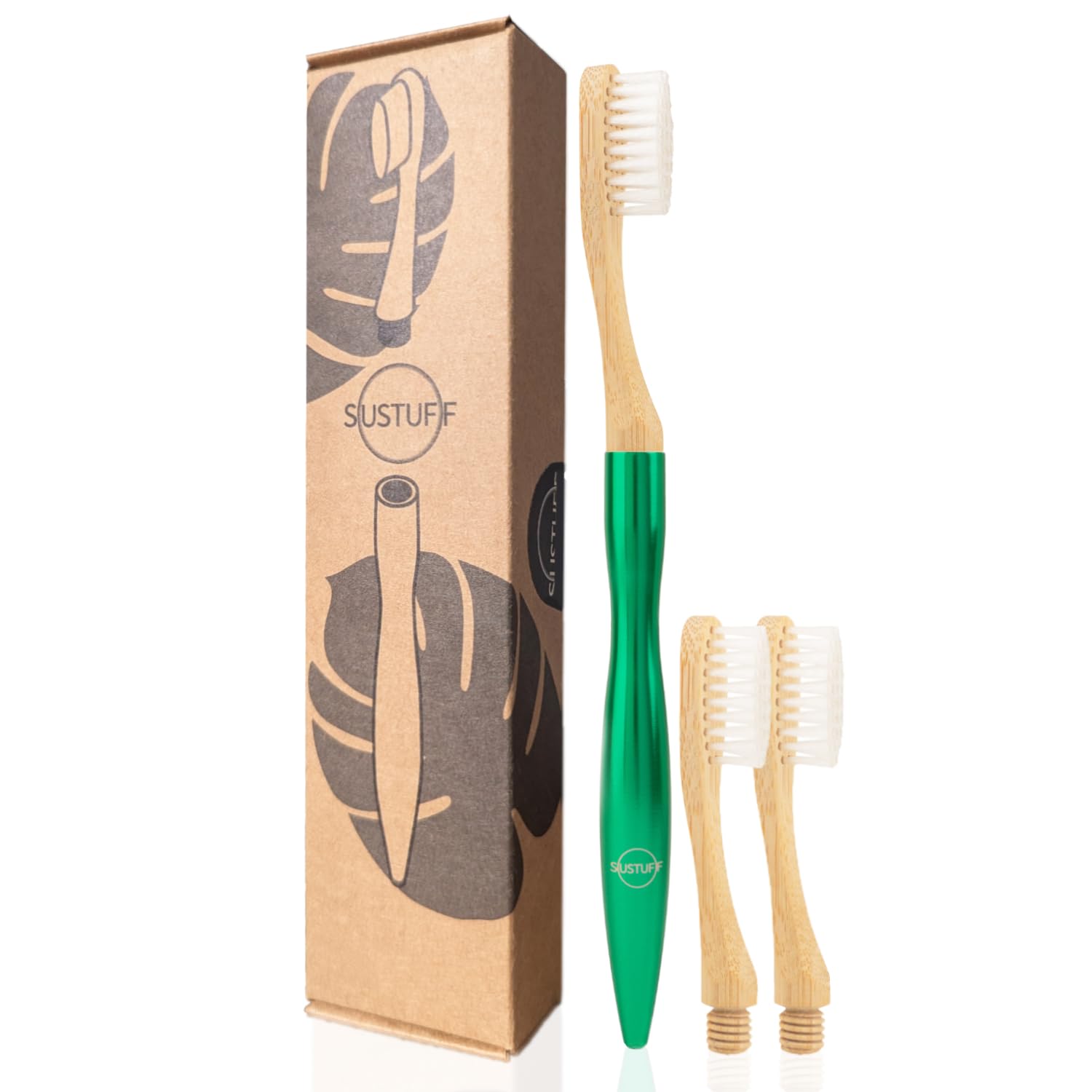 Sustuff | 3 Bamboo Toothbrushes with Soft Plant-Based Bristles | Reusable, Recycled and Plastic-Free Handle (Jungle Green) Travel Toothbrush