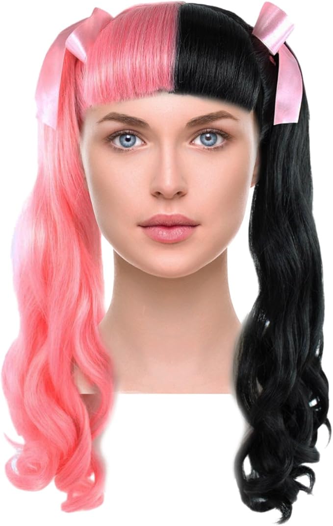 Long Curly Ponytail Wig with Bangs Pink Black Hairpiece w