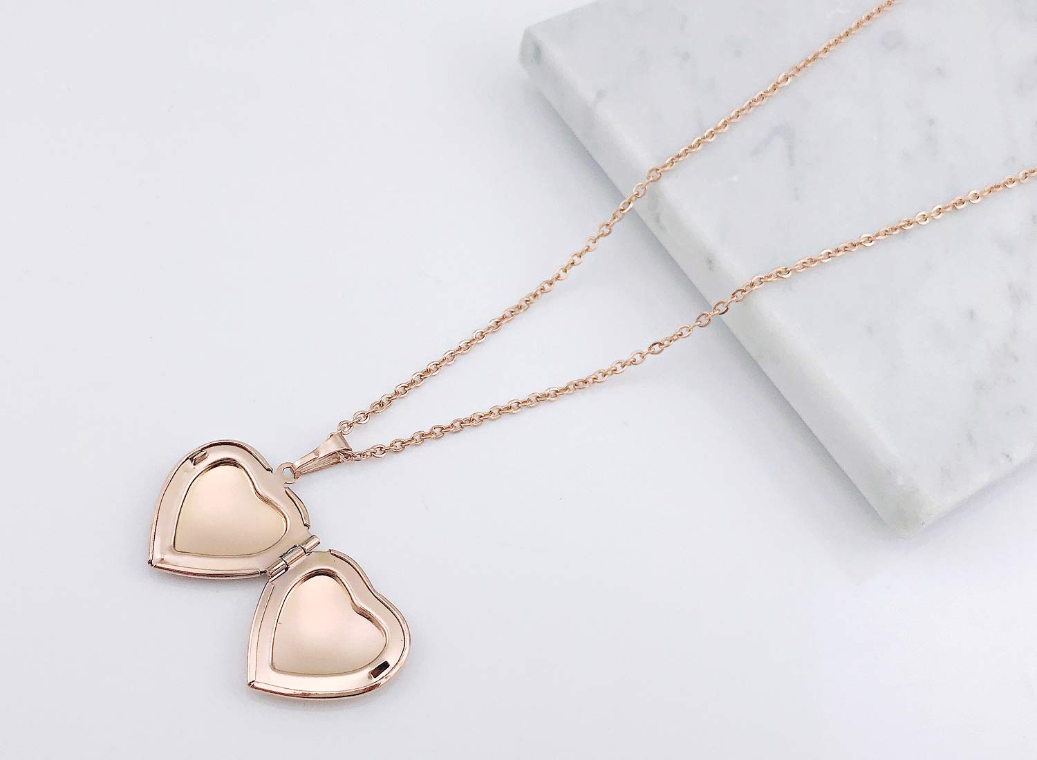 YOUFENG Love Heart Birthstones Locket Necklace Holds Pictures Paved Blue Red White CZ Rose Gold Living Memory Photo Lockets
