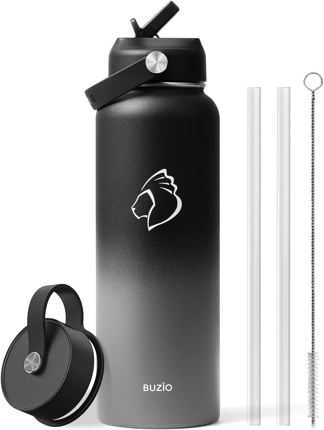 Stainless Steel Water Bottle with Straw, BUZIO Insulated Water Bottle with Straw Lid and Flex Cap 1180 ml Vacuum Cold for 48 Hrs, Hot for 24 Hrs Double Wall Wide Mouth BPA Free Leak Proof, Black Grey