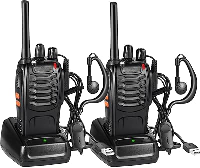 Walkie Talkie PMR446 Radio Ricetrasmettitore, 16 Canali Walkie-talkie Professionali Ricaricabili a Lungo Raggio con Auricolare e Luci LED Adatte per Sport All'Aperto, Cantiere (2 Pezzi, Nero)