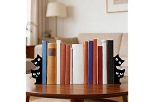 Peeping Cat Metal Bookends Set of 4, Cute Book Ends for Shelves Decorative, Black Cat Book Stopper for Heavy Books, Home Offi