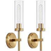 Hardwired Gold Wall Sconces Set of 2, Modern Bathroom Sconces Wall Lighting Vanity Light Fixtures with Clear Glass, Brushed B