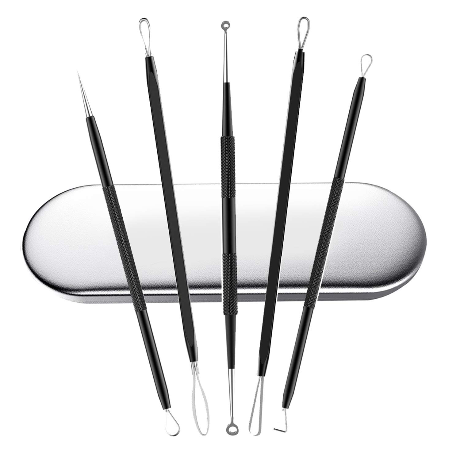 Blackhead remover,Acne treatment,Pimple Popper,Face Skin Care Kit,Professional Comedone Blemish, Zit, Whitehead Scar Extractor, 5 Piece Surgical Grade Stainless Steel Tools & Travel Case (black): Beauty
