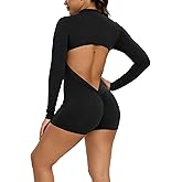 KIWI RATA Long Sleeve Jumpsuits for Women One Piece Bodysuit Zip Up Open Back Romper Yoga Workout Unitards Bodycon