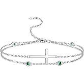 Sterling Silver Cross Birthstone Bracelet: Women Cross Month Stone Double Layer Chain Bracelet Birthday Gift