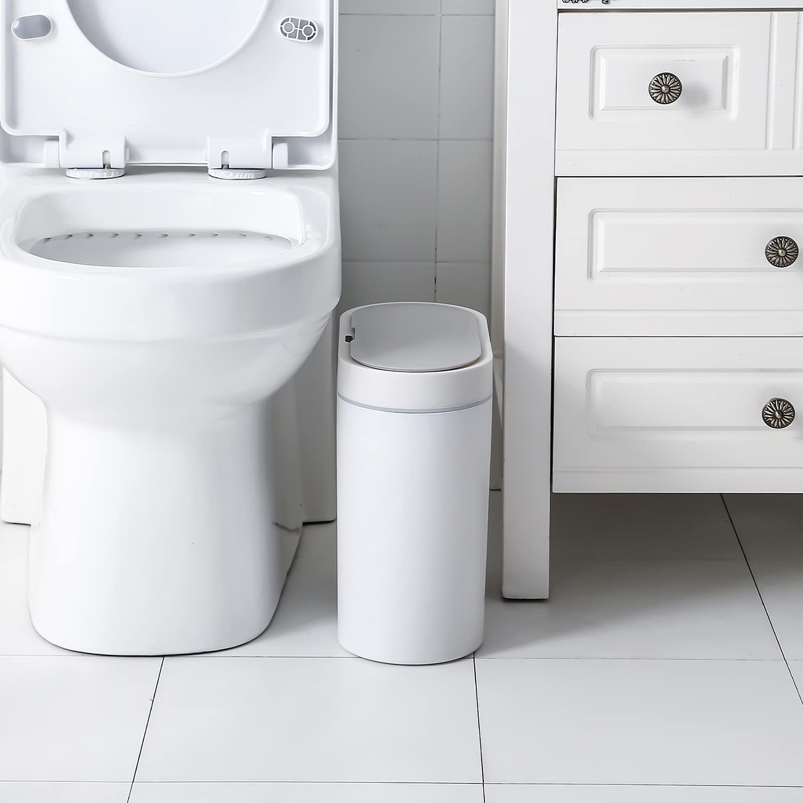 ELPHECO 2.5 Gallon Bathroom Trash Can with Lid, Slim Motion Sensor Garbage Can, Automatic Waste Bin, Small Narrow Trash Can for Bathroom, Bedroom, Office, Kitchen – White