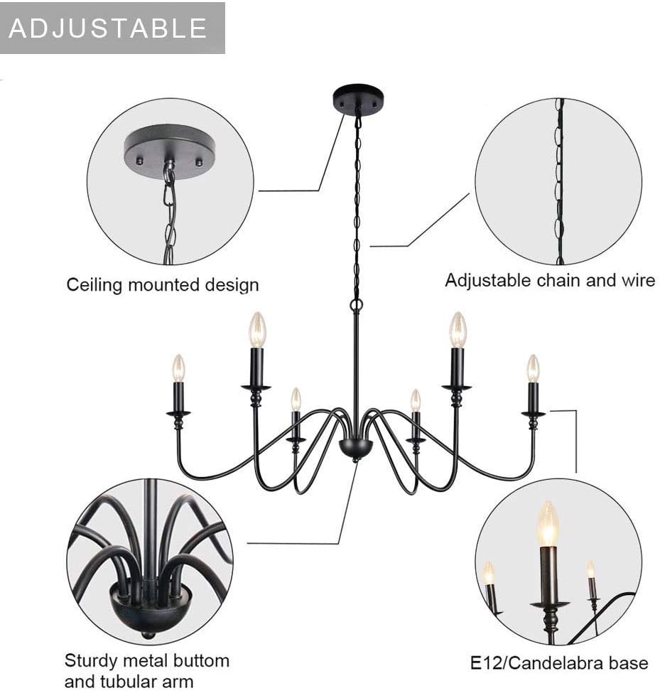 Lampundit 6-Light Iron Chandelier Black Farmhouse Chandelier Classic Candle Ceiling Pendant Light Fixture for Kitchen Island Dining Room Living Room Foyer Barn: Home Improvement