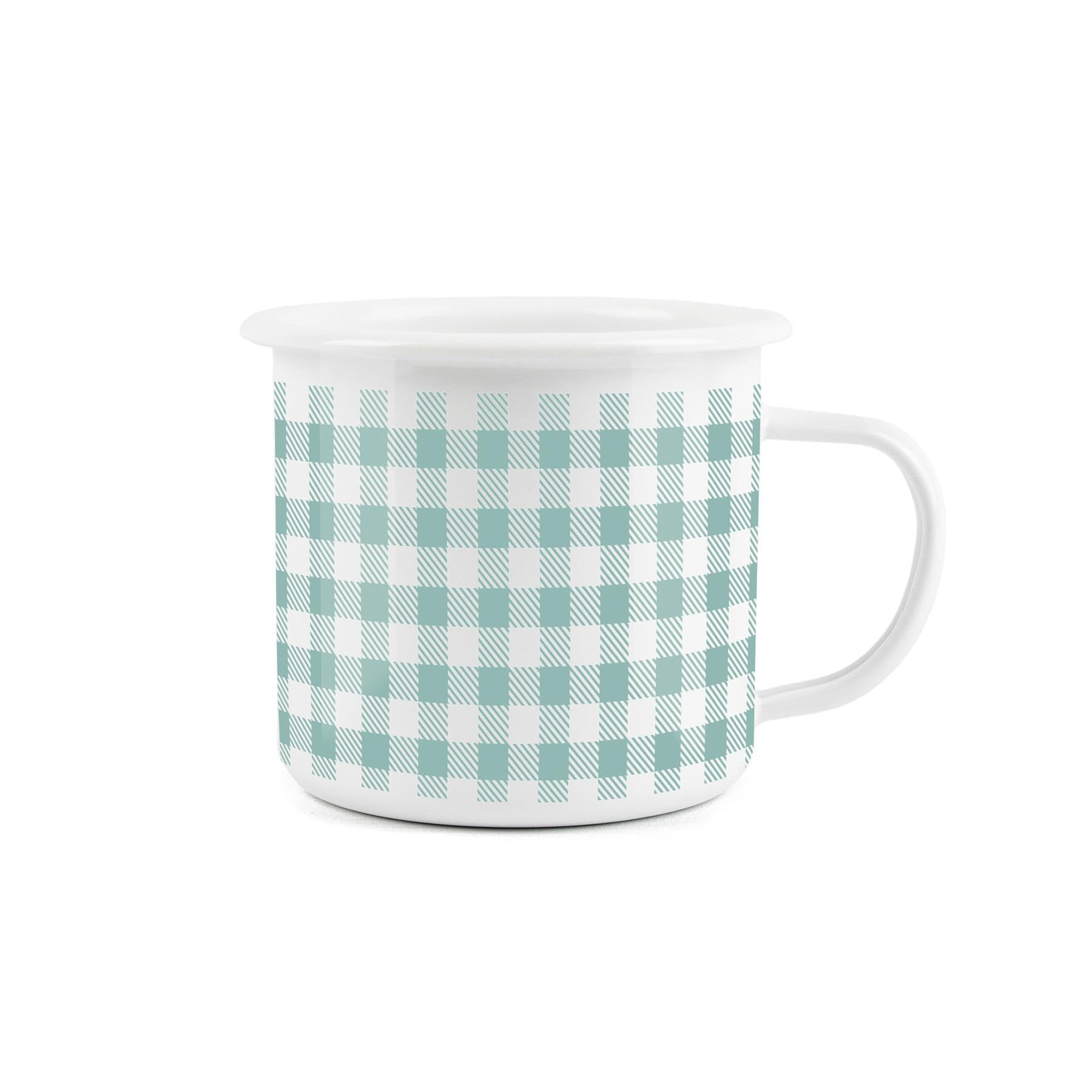 Aqua Blue Gingham Enamel Mug - White Camping Novelty Durable Hot Drinks Outdoor Cup for Travel Picnics Home Hiking