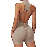 ECUPPER Women Backless Workout Jumpsuits One Piece Sleeveless Gym Rompers Zip Up Tummy Control Scrunch Shorts Yoga Bodysuit