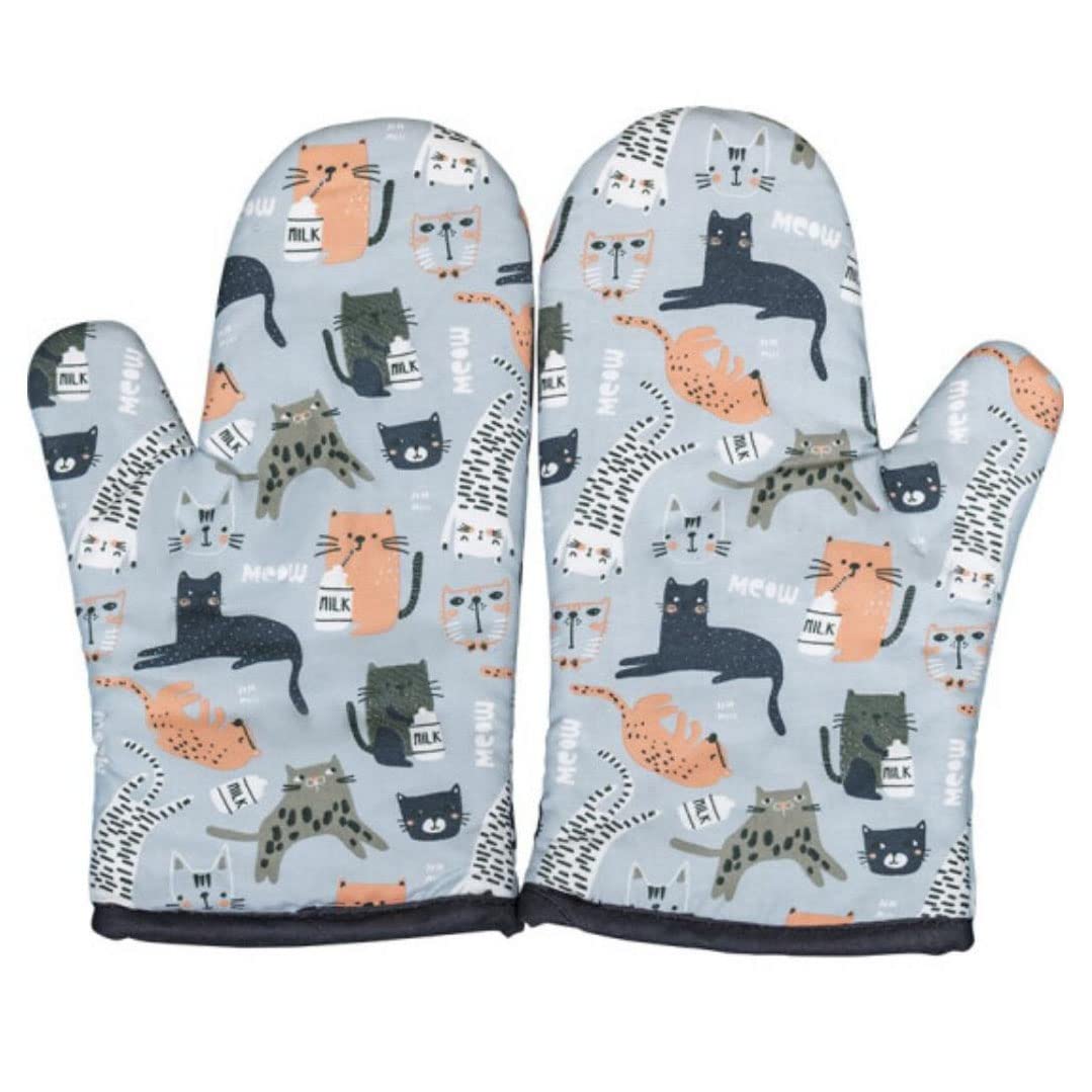 XLKJ 1 Pair Cartoon Cat Oven Gloves, Heat Resistant Oven Baking Gloves Cooking Mitts, Soft Cotton Lining Kitchen Oven Gloves for BBQ Cooking Baking