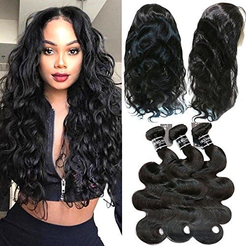 BQ 360 Lace Frontal with Bundles- Unprocessed 8A Body Wave Brazilian Virgin Human Hair 3 Bundles with 360 Lace Frontal Closure Pre Plucked (24"26"28"+24")