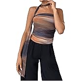 GORGLITTER Women's Tie Dye Ruched Strapless Halter Tube Top Mesh Backless Going Out Bandeau Top with Scarf