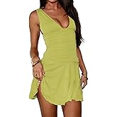 QZOOK Women's Summer A Line Dresses Sexy V Neck Backless Ruched Waist Ruffle Flowy Hem Cocktail Party Club Mini Dress