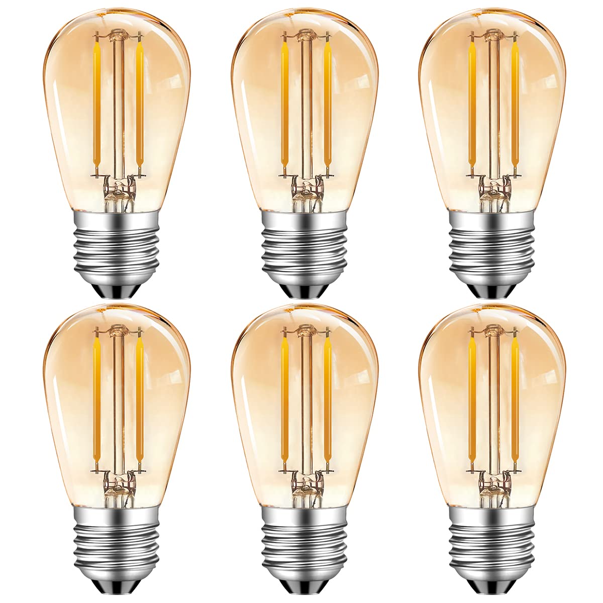 MZYOYO 2W S14 E27 LED Edison Light Bulb,2W LED Vintage Filament Lamp,2700K Warm White,Replaces 10W Halogen Lamps,360° Beam Angle,Glass,Non-Dimmable,Amber,Pack of 6,Energy Class G