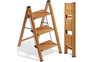 3 Step Ladder Woodgrain Shelf Aluminum Lightweight Folding with Anti-Slip and Wide Pedal for Home and Kitchen Space Saving