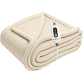 Comfort Zone Heated Blanket Electric Throw, Solid Pattern, Micro Plush Electric Blanket, Heating Blanket with 4 Heating Levels, 3H Timer, Auto Shutoff, Fast Heating (50x60 inches, Cream)