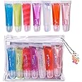M&U Sparkle Lip Gloss Set with Handbag, 7Pcs Assorted Flavors Hydrating Lip Balm Party Favor Make-up for Kids and Teens Ages 5+