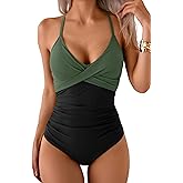 B2prity Women's One Piece Swimsuits Tummy Control Front Cross Bathing Suits Tie Back Slimming V Neck Swimwear