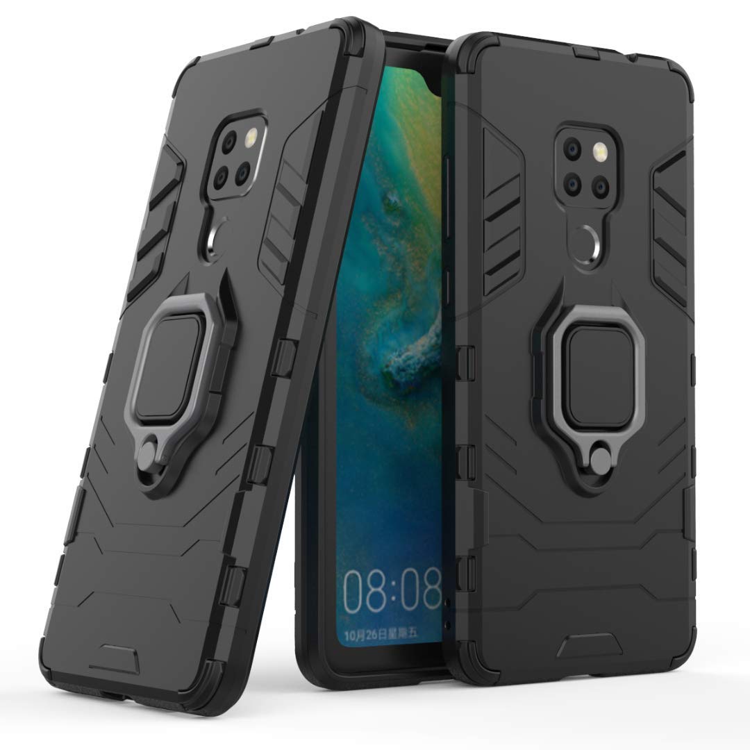 Compatible with Huawei Mate 20 Case, Metal Ring Grip Kickstand Shockproof Hard Bumper Shell (Works with Magnetic Car Mount) Dual Layer Rugged Cover for Huawei Mate 20 (Black)