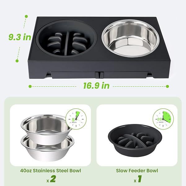 ELEVATED DOG BOWLS 5 ADJUSTABLE HEIGHT, 2 STAINLESS STEEL BOWLS, 1 SLOW FEEDER