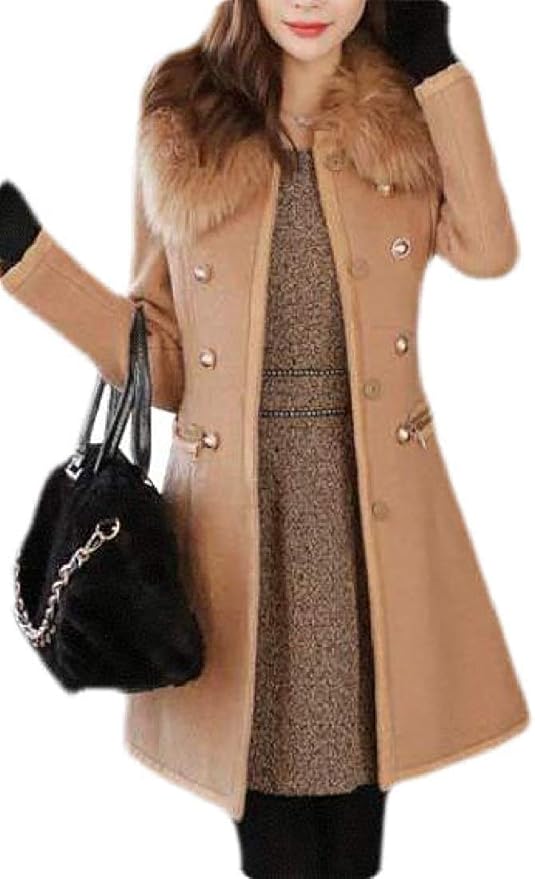 Women Fall & Winter Faux Fur Collar Double Breasted Wool Blend Pea Coat