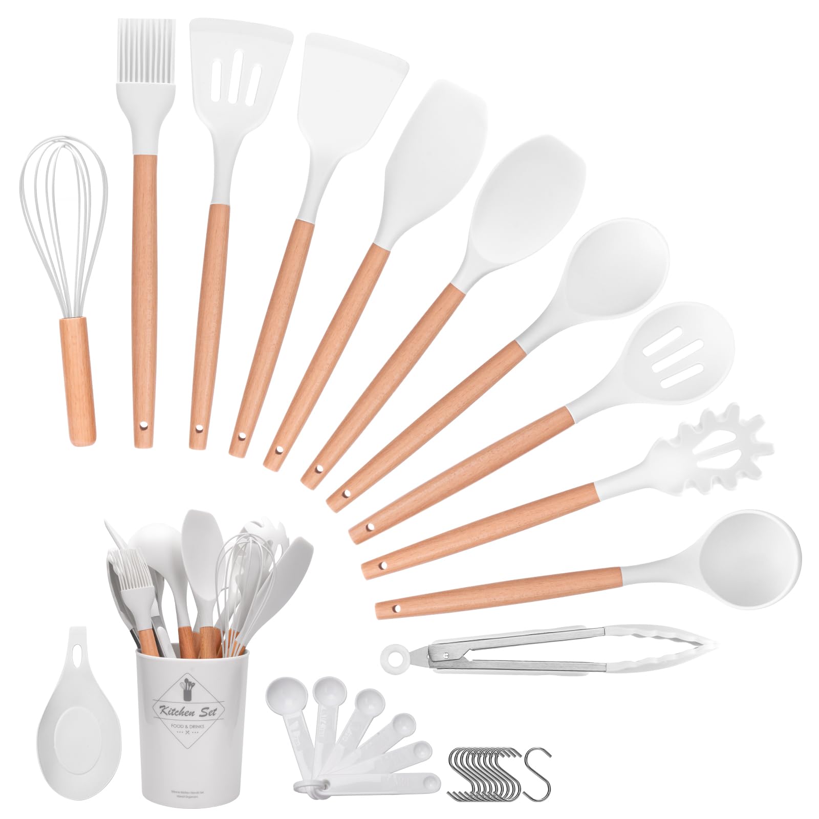 Helterfolg Silicone Kitchen Utensils Set with Wood Handle, 29PCS Kitchen Silicone Utensils Set with Holder, Non-Stick, Heat Resistant Kitchen Gadgets Utensil Set(White)